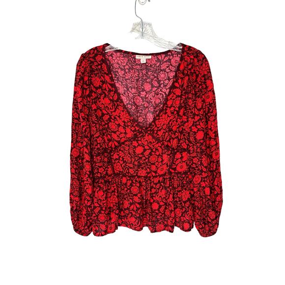 Knox Rose Red Metallic Floral Long Sleeve Deep V-Neck‎ Peasant Top Size XL - Picture 2 of 11